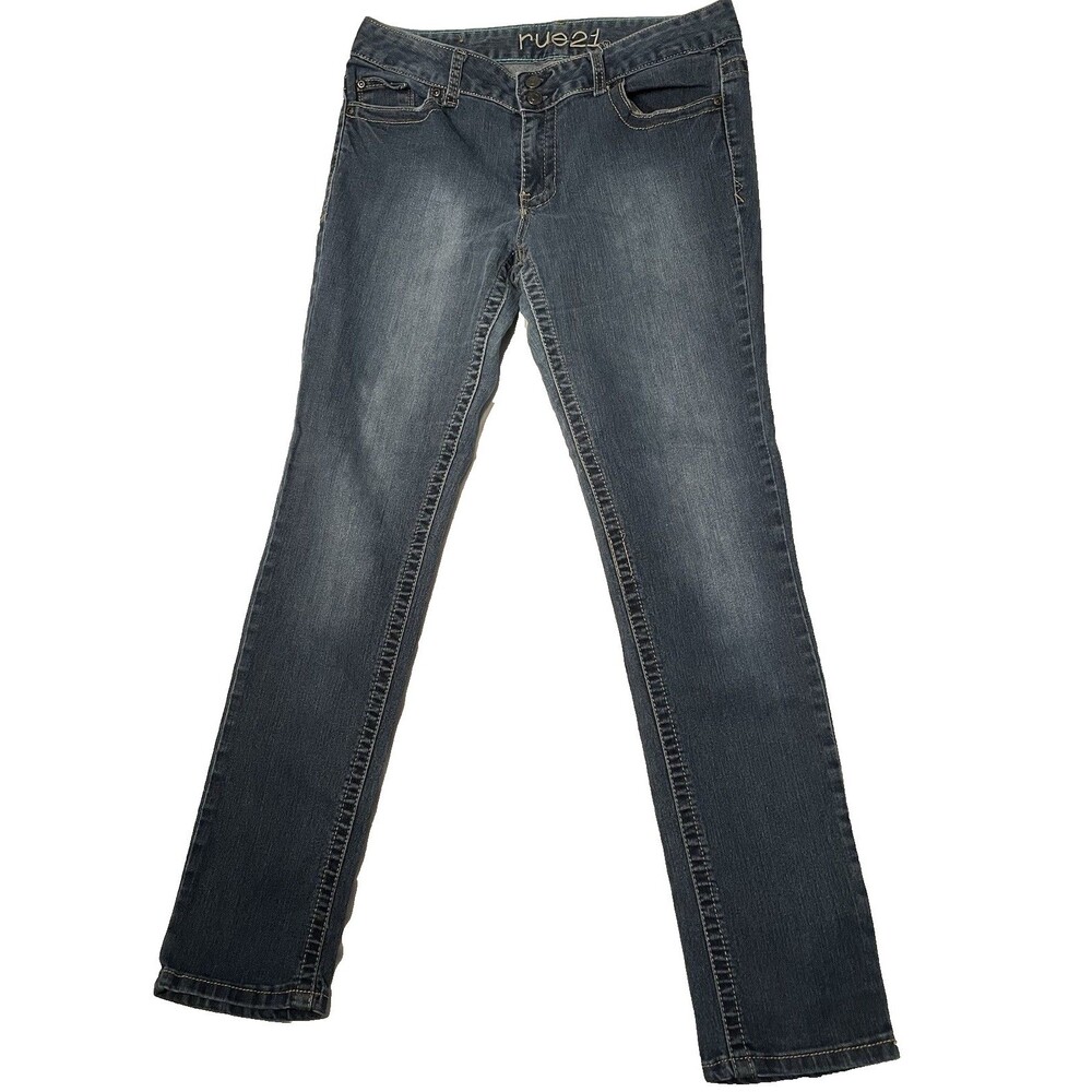 Rue 21 Jeans Women Size 9/10 Midrise Skinny Long Dark Wash Embroided Flap Pocket